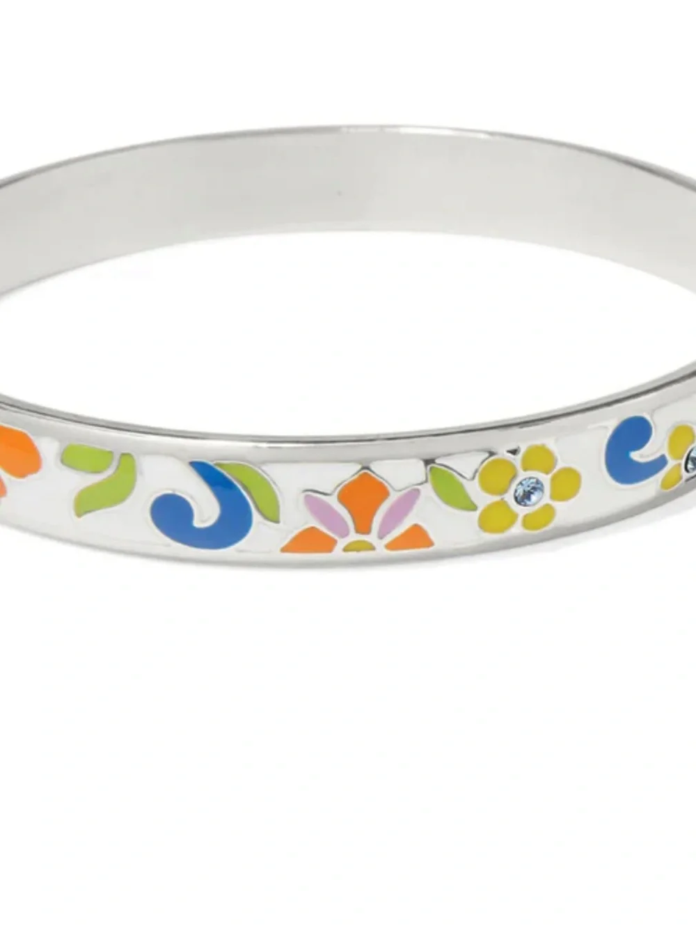 New Brighton Round Silver and Crystal Bangle - Multicolor Enamel Floral Bracelet